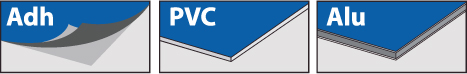 Pictogramme des matières en couleur Bleu avec 3 rectangles représentant respectivement l’adhésif, le PVC et l’aluminium.