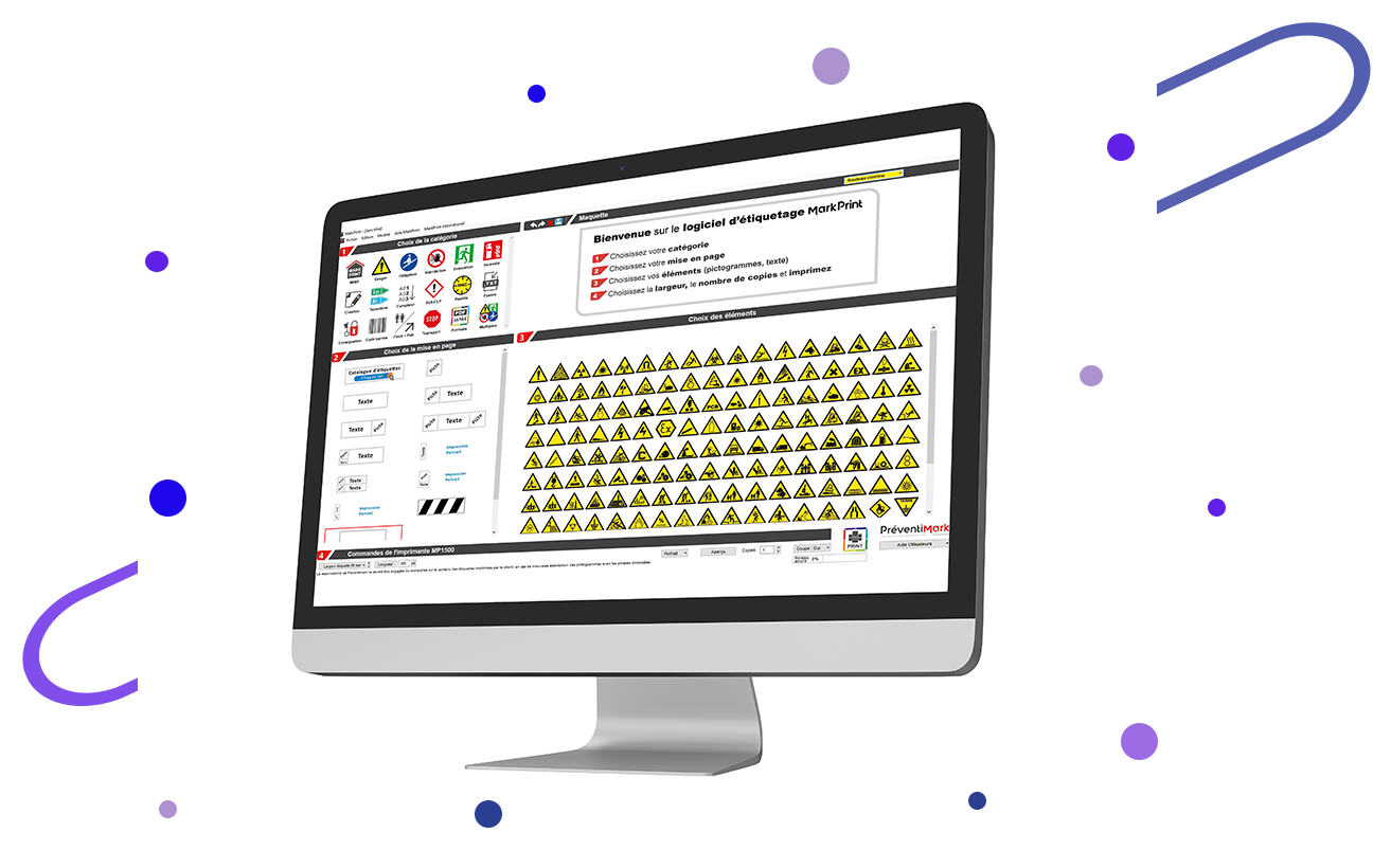 = Image d’un écran d’ordinateur sans fond où l’on voit
l’interface du logiciel de création d’étiquettes signalétiques MARKPRINT, développé par PREVENTIMARK. Autour de l’écran nous apercevons des petits ronds illustrés de différentes
tailles et de plusieurs sortes de violets, ainsi que deux arcs de cercles violets placés en diagonale l’un et l’autre comme s’ils entouraient l’écran d’ordinateur.