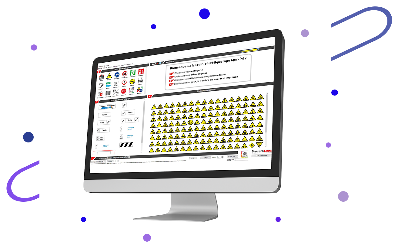 = Image d’un écran d’ordinateur sans fond où l’on voit
l’interface du logiciel de création d’étiquettes signalétiques MARKPRINT, développé par PREVENTIMARK. Autour de l’écran nous apercevons des petits ronds illustrés de différentes
tailles et de plusieurs sortes de violets, ainsi que deux arcs de cercles violets placés en diagonale l’un et l’autre comme s’ils entouraient l’écran d’ordinateur.