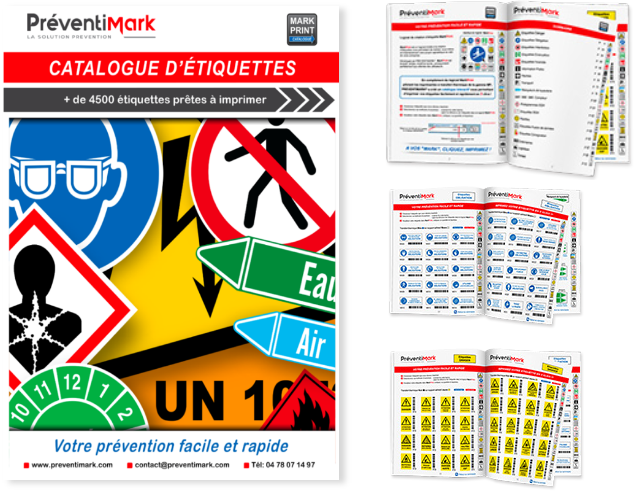 Image du catalogue d’étiquettes PREVENTIMARK pour signalétique, signalisation et marquage de sécurité destiné à
	        accompagner le logiciel de création d’étiquettes MARKPRINT. Nous pouvons voir à gauche en gros plan la couverture du catalogue avec un patchwork de différents pictogrammes.
	        A droite nous voyons trois images plus petites du catalogue ouvert à différentes pages. Les trois images sont placées les unes au-dessus des autres et prennent la même hauteur à elles trois que l’image de couverture à gauche. 