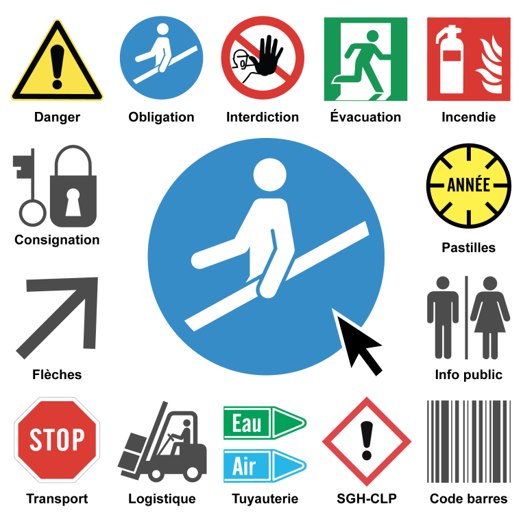 Image de l’interface du logiciel de création d’étiquettes signalétique MARKPRINT,
développé par PREVENTIMARK où l’on peut voir les différentes catégories existantes : Le curseur de la souris pointe sur la catégorie obligation représenté par un pictogramme bleu au centre de l’image et plus gros
que les pictogrammes des autres catégories. Autour, on distingue la catégorie danger, obligation, interdiction, évacuation, incendie, consignation, flèches, transport, logistique, tuyauterie, SGH – CLP, code-barres, info public, et pastilles.