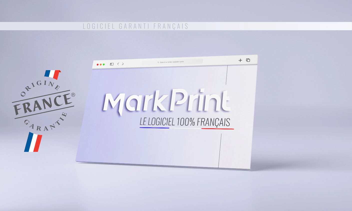 Image du logo de MarkPrint blanc sur un écran en 3D avec effet digital 
	    légèrement penché vers l’arrière sur fond violet clair. En dessous du logo il y a les couleurs bleu, blanc, rouge du drapeau de la France avec la mention, le logiciel 100% 
	    français. Sur l’image nous pouvons également voir en haut une bande violète plus clair avec le texte, logiciel garanti Français ainsi qu’à gauche de l’image le logo, origine France garantie. 