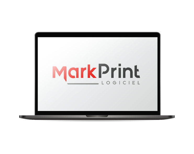 Image de premier plan avec un ordinateur
	    portable sans fond ouvert face à nous où l’on voit sur l’écran le logo de MARKPRINT logiciel affiché. 