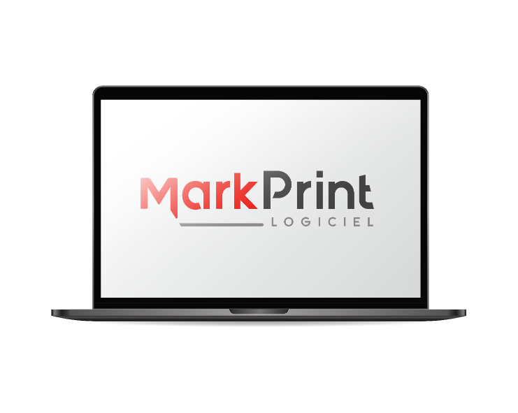 Image de premier plan avec un ordinateur
portable sans fond ouvert face à nous où l’on voit sur l’écran le logo de MARKPRINT logiciel affiché.