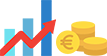 Icône avec un graphique à barres et une flèche qui monte avec des pièces en euros à côté symbolisant la productivité et la réalisation d’économies.