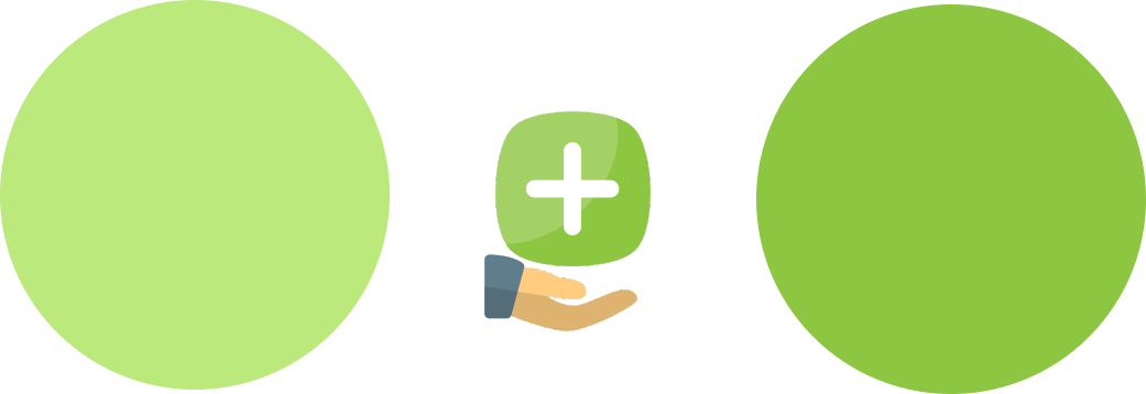 deux dessins de ronds verts côte à côte séparés au milieu par une icône de main de côté tenant un signe + dans un carré vert aux bord arrondis. 
                Le cercle de gauche est plus clair que celui de droite. 