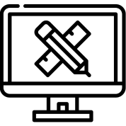 icône en noir et blanc d’un écran d’ordinateur où l’on une règle et un stylo croisés en image d’écran.