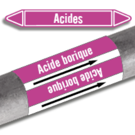 
                    Image sur fond blanc d’un marqueur de tuyauterie violet avec le texte, acides, prédécoupé et ces mêmes marqueurs en continus en dessous disposés enroulés autour d’un tuyau.