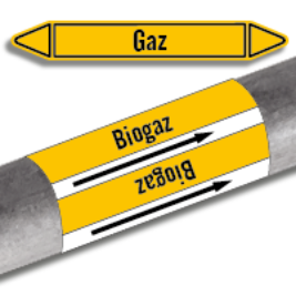 
                    Image sur fond blanc d’un marqueur de tuyauterie jaune avec le texte, gaz, prédécoupé et ces mêmes marqueurs en continus en dessous disposés enroulés autour d’un tuyau.