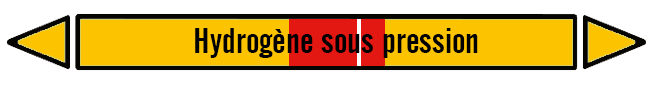 Marqueur de tuyauterie jaune avec le centre rouge coupé très légèrement sur le côté par un filet de contraste blanc et l’inscription hydrogène sous pression en noir.