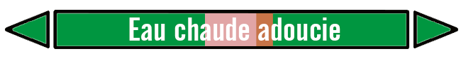 Marqueur de tuyauterie vert avec le centre rose pâle et accolé un petit rectangle 
            orangé gris très légèrement sur le côté avec la mention eau chaude adoucie inscrite en blanc sur le marqueur. 