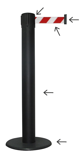 Photo sans fond d’un poteau noir à sangle blanche et rouge tirée à environ 10 cm du poteau vu de côté avec des flèches montrant différents éléments du poteau à sangle.