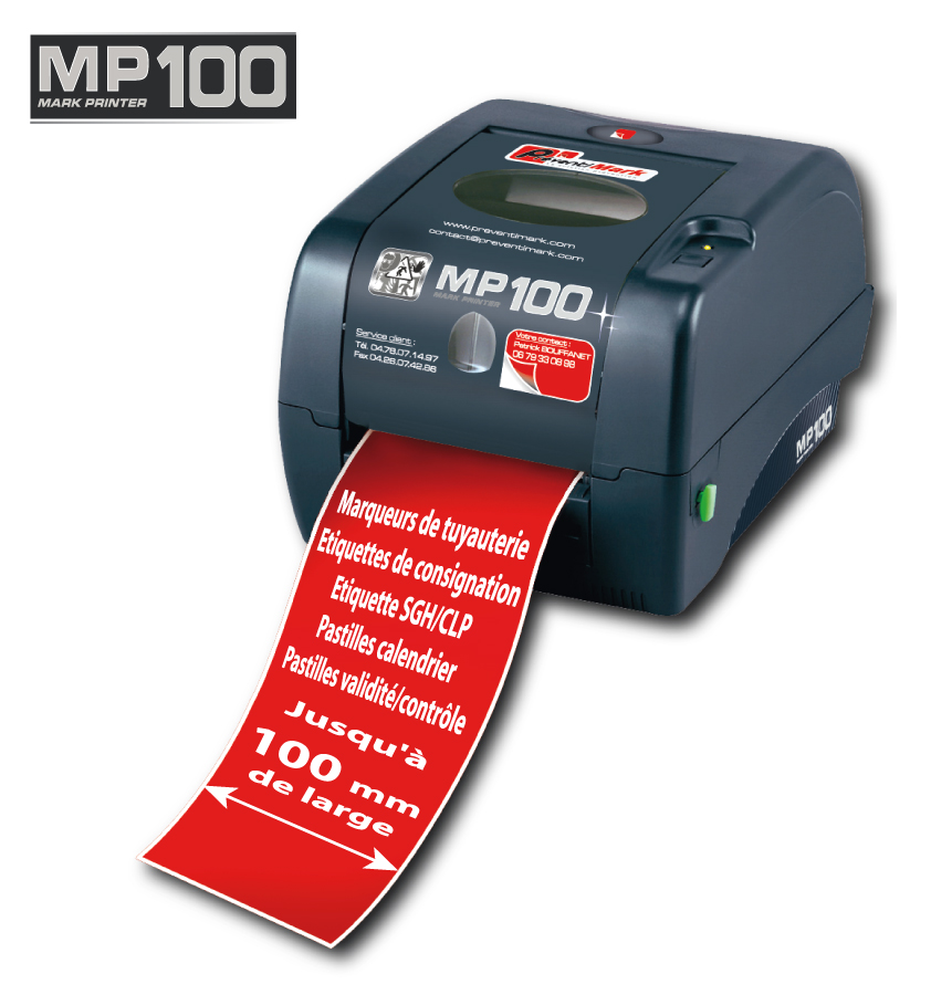 image de notre imprimante signalétique à transfert thermique MP100 disponible avec logiciel Markprint