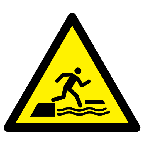 Danger risque de chute dans l'eau lors de la montée ou de la descente sur une surface flottante