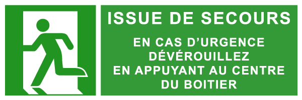 Issue de secours  en cas d'urgence dévérouillez en appuyant au centre du boitier - E223 - étiquettes et panneaux d'évacuation, de sauvetage et de secours - paysage