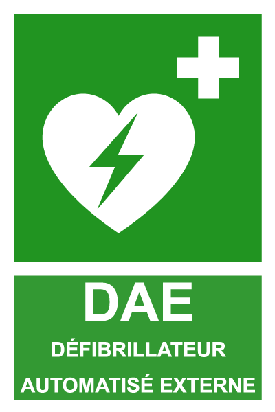 DAE Défibrillateur automatique externe - E414 - étiquettes et panneaux d'évacuation, de sauvetage et de secours - picto et texte portrait