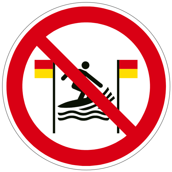 Pratique du surf interdite entre les drapeaux rouges et jaunes - P064 - ISO 7010 - étiquettes et panneaux d'interdiction et de restriction