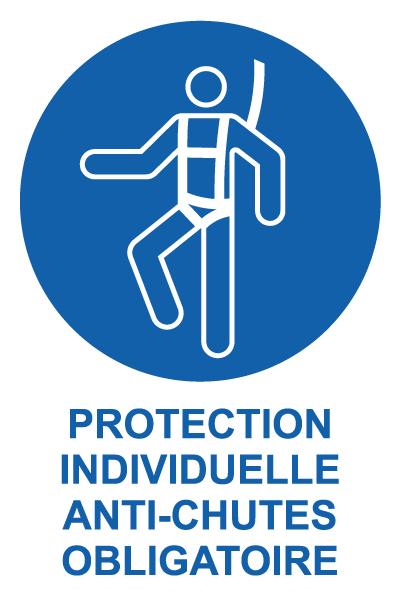 Protection individuelle anti-chutes obligatoire - M808 - étiquettes et panneaux d'obligation et de consigne - picto et texte portrait