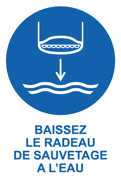 Baisser le radeau de sauvetage à l'eau - M848 - étiquettes et panneaux d'obligation et de consigne - picto et texte portrait