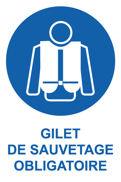 Gilet de sauvetage obligatoire - M849 - étiquettes et panneaux d'obligation et de consigne - picto et texte portrait