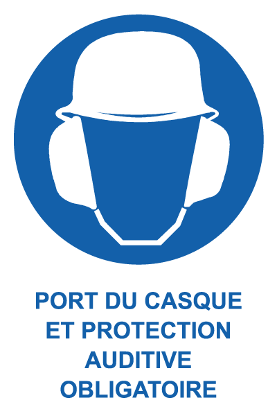 Port du casque et protection auditive obligatoire - M856 - étiquettes et panneaux d'obligation et de consigne - picto et texte portrait