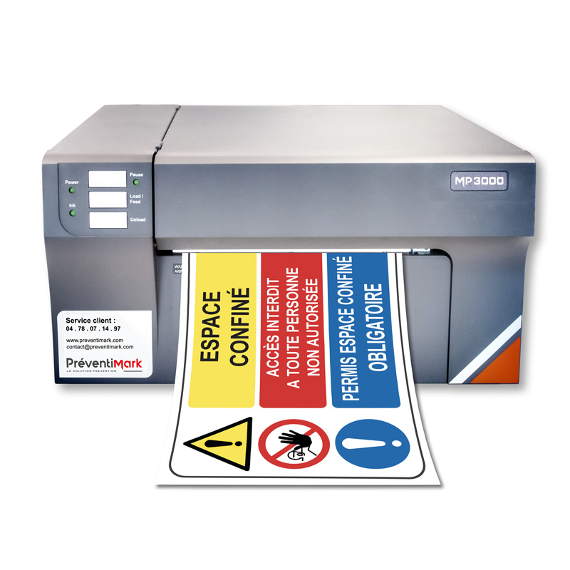 Image de notre imprimante signalétique MP3000 livré avec notre logiciel Markprint, de signalisation et prévention