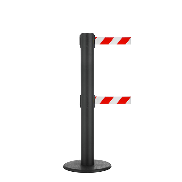 Poteau de barrage avec deux ceintures rétractables, métal noir