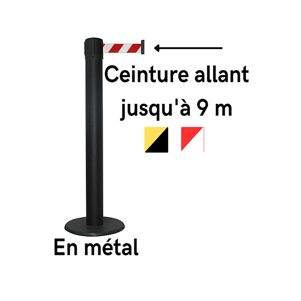 Poteau de guidage à sangle en métal noir avec ceinture rétractable allant jusqu'à 9m