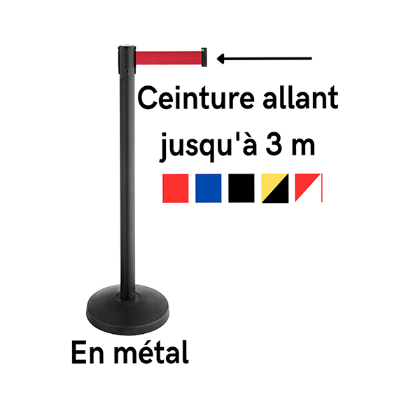 Poteau de guidage à sangle en métal noir/rouge/jaune avec ceinture rétractable allant jusqu'à 3m