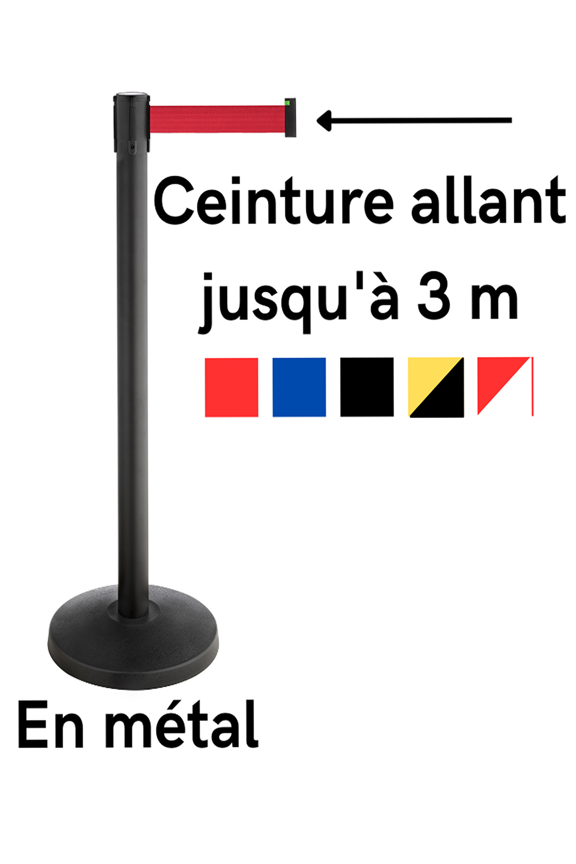 Poteau de guidage à sangle en métal noir/rouge/jaune avec ceinture rétractable allant jusqu'à 3m
