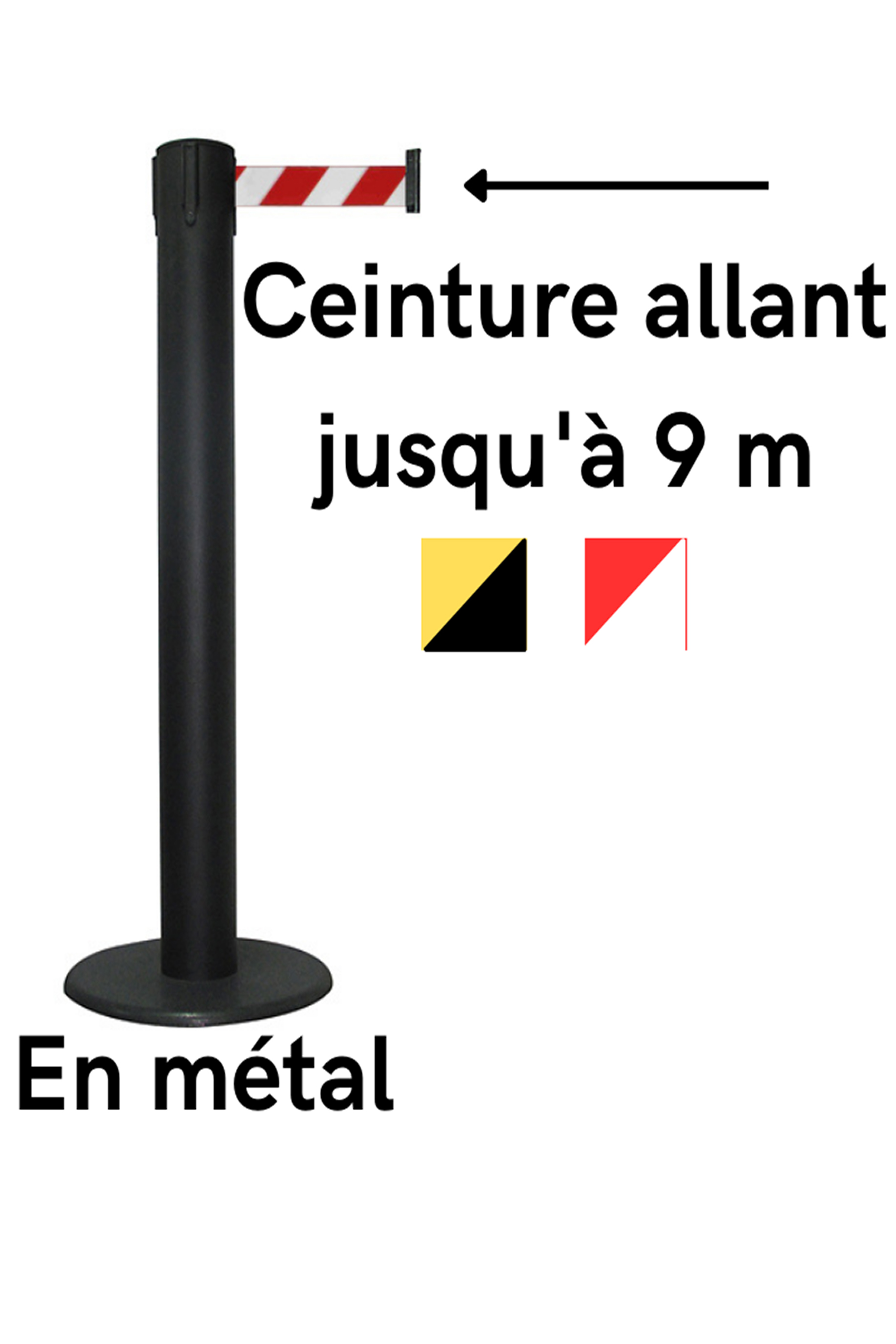 Poteau de guidage à sangle en métal noir avec ceinture rétractable allant jusqu'à 9m