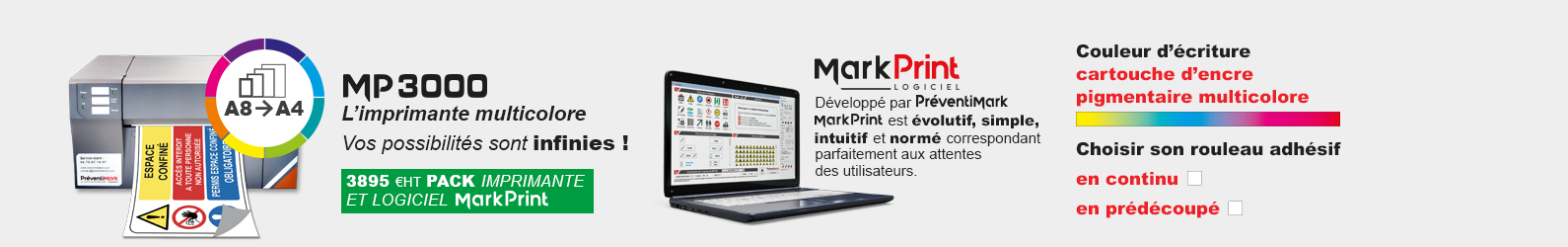Bannière technique Imprimante signalétique multicolore d'étiquettes adhésives : MP3000 (locale)