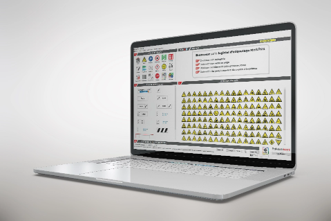 Image d’une ordinateur portable sur fond dégradé blanc et gris, avec l’interface du logiciel de création d’étiquettes MarkPrint développé par Preventimark, ouverte sur l’écran. 