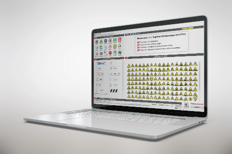 Image d’une ordinateur portable sur fond dégradé blanc et gris, avec l’interface du logiciel de création d’étiquettes MarkPrint développé par Preventimark, ouverte sur l’écran.