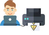 Illustration d’un bonhomme souriant sur son ordinateur portable, relié par un fil à une imprimante signalétique, en train d’imprimer des étiquettes de danger